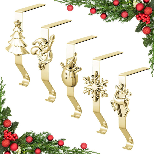 Stocking Holders for Mantle, Set of 5 Christmas Stocking Holders for Fireplace, Stocking Hangers for Mantel, Snowflake Reindeer Tree Santa Stocking Hanger Hooks for Christmas Mantel Decoration, Gold