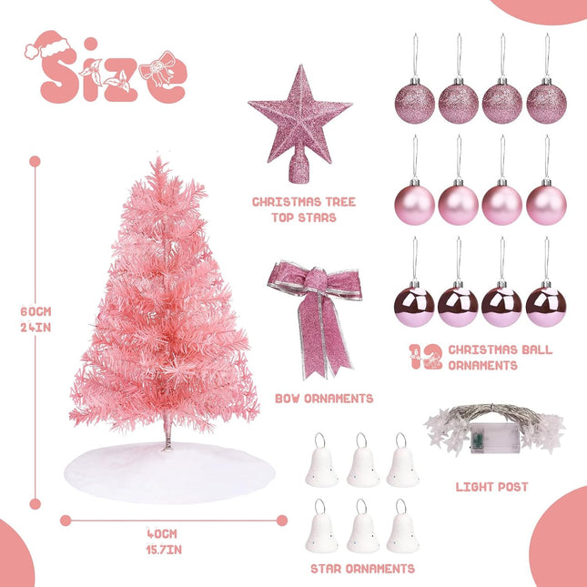 Mini Christmas Tree,24 in/60CM Artificial Small Christmas Tree with Led Lights/Ornaments, Tabletop Christmas Tree for Kids Christmas Decoration s(Pink)