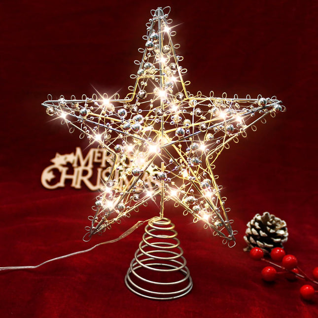 Christmas Star Tree Topper with 20 LED Lights, Battery Operated 9 Inch Metal Hollow Design, Easy-to-Install Christmas Tree Decorations for Holiday and Christmas Home Décor, Silver