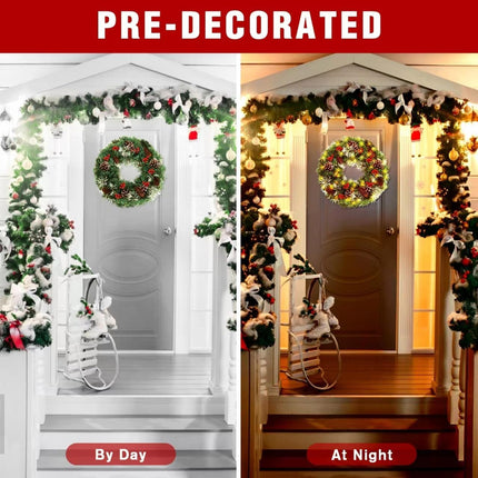 Christmas Wreath,Pre-Lit Artificial 18 Inch Christmas Wreaths for Front Door with Pine Cones,Berries,Christmas Wreath with Lights,8 Modes 50 LED Lights for Outdoor Indoor Decorations