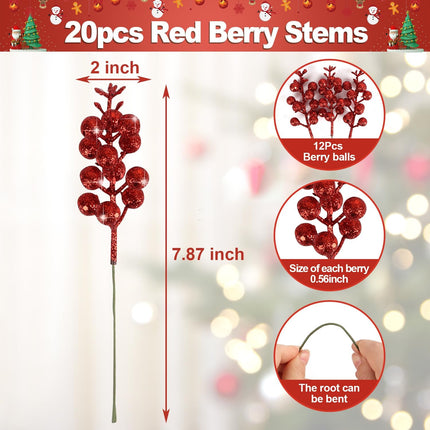 CCINEE 20pcs Glitter Christmas Red Berry Stems,7.8Inch Xmas Artificial Glitter Berry Branches for Christmas Tree Ornaments DIY Xmas Wreath Picks Crafts Home and Holiday Decor
