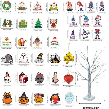 61 Pcs Christmas Tree with Light, 2 FT Birch Tree with 24 LEDs Warm White Light, USB or Batteries Operated, Holiday Table Centerpiece Decoration with 60 pcs Ornaments for Christmas Decor