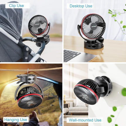 Keynice Battery Operated Fan With Hanging Hook, Portable Camping Fan With Night Light, 4 Speeds, Sturdy Clamp, 360° Rotation