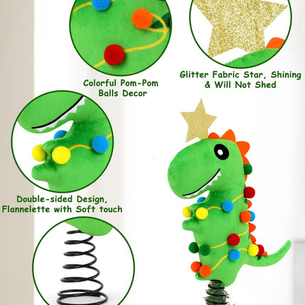 Dinosaur Christmas Tree Topper with Stand and Glitter Star Handmade T-rex Green Dinosaur Xmas Tree Ornament Winter Holidays Home Decorations Wreath Festive Kids Ideas Supplies
