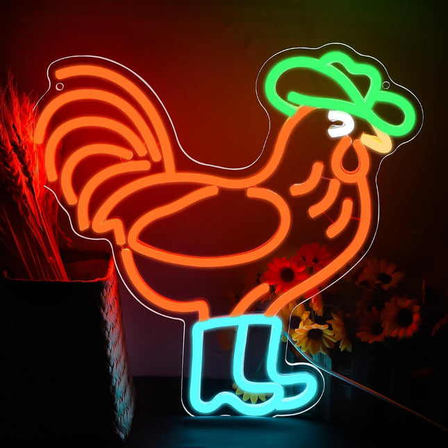 Chicken Rooster Neon Sign for Wall Decor Cowboy Cock LED Light Up Sign Western Wall Decor for Man Cave,Cowboy Decor for Bar Pub,Club,Birthday Christmas Signs for Boys,Kids,Size 13.813.8inch(FMXD207)