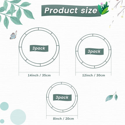 Hotop 9 Pieces Wire Wreath Frame Dark Green Flat Circle Floral Wreath Ring Wreath Making Supplies for Christmas Year Holiday Wedding Decoration 8 Inch 12 Inch 14 Inch