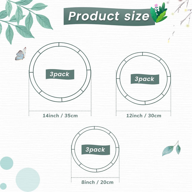 Hotop 9 Pieces Wire Wreath Frame Dark Green Flat Circle Floral Wreath Ring Wreath Making Supplies for Christmas Year Holiday Wedding Decoration 8 Inch 12 Inch 14 Inch