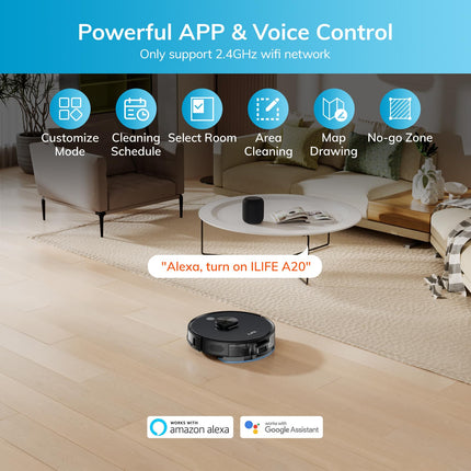 Ilife A20 Robot Vacuum And Mop Combo, Lidar Navigation, 3000Pa Suction Robotic Vacuum Cleaner, Smart Mapping, Appalexa Control, For Pet Hair, Hard Floor, Carpet, 2.4Ghz Wifi Only