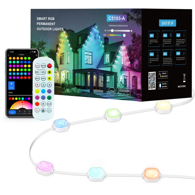Permanent Outdoor Lights 100ft with 111 Lighting Scenes, 105° Optimal Light Angle, for Halloween Christmas, Work with Alexa, Google Assistant, IP67 Waterproof, Smart RGB Outdoor Lights 72 LEDs