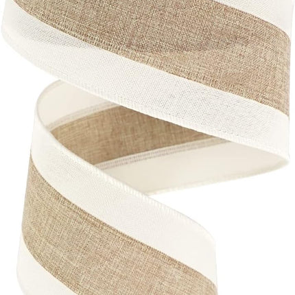 MEEDEE Burlap and White Stripe Ribbon 2.5 Inch Burlap Wired Ribbon with Ivory Burlap Edge Burlap Stripe Wired Ribbon for Wreath Garland Topper Bow Making Fall Christmas Wedding Decorations (10 Yards)