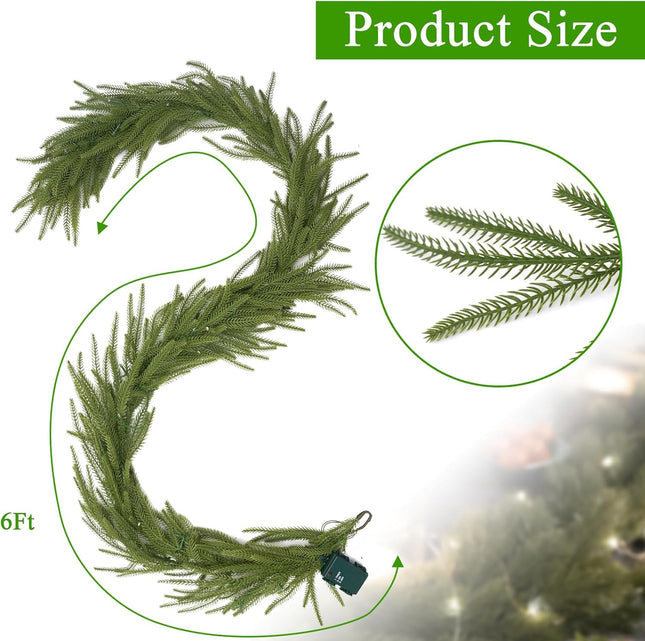 Christmas Norfolk Pine Garland 6ft Timer Light Artificial Greenery Garlands Xmas Table Decorations Holiday Fireplace Wall Stair Railing Decor