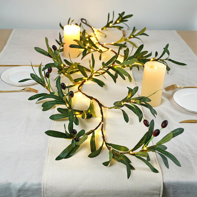 BOHON Greenery Garland Lighted Olive Branches 6FT 96 LEDs Fairy Lights Battery Operated with Timer, Artificial Olive Green Vine with Lights, Mantel Decorations for Fireplace Wall Tree Christmas Decor