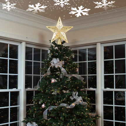 DG-Direct Christmas Tree Topper Lighted Star [Gold],3D Hollow Sparkling Star Christmas Tree Topper with Rotating Magic Cool White Snowflake Projector for Christmas Tree Ornament (Gold)