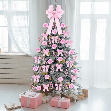 Duraaamo 61 Pcs Rose Christmas Tree Decoration Rose Decorations Set Include Faux Rose Artificial Berries Small Ribbon Bows Big Velvet Topper Bow for Holiday Home Xmas Tree Decor(Coquettish Pink)