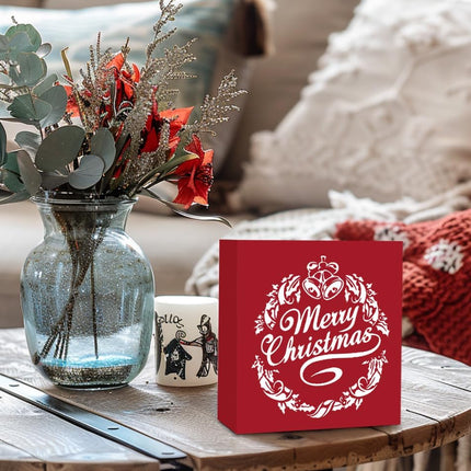 Merry Christmas Wooden Box Sign, Red Christmas Decorations, Merry Christmas Decor, Farmhouse Christmas Wreath Wood Signs for Home Office Desk Table Shelf Decoration, 5x5 Inch