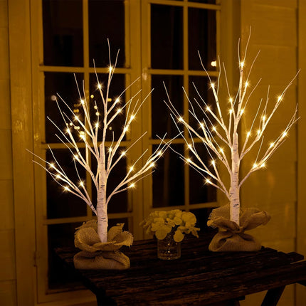 Lighted Birch Tree, 2pcs 24in Christmas Tabletop Tree, USB Rechargeable Base with Timer Function, Pre-Lit Artificial Mini Money Birch Tree for Home Centerpiece Fireplace Party Decor