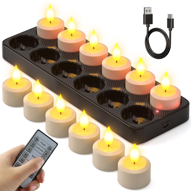 SoulBay Flameless Candles with Remote Control Timer & Charging Base, 12pcs USB Rechargeable Battery LED Tea Lights Candles Small Votive for Lantern Pool Mantle Weddings Emergency Christmas Decorative