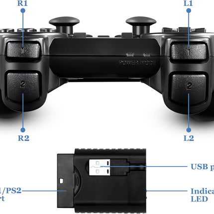 2 Pack Wireless Controller 2.4G double shock Compatible with PS2 /PS1/PC(Jet Black)