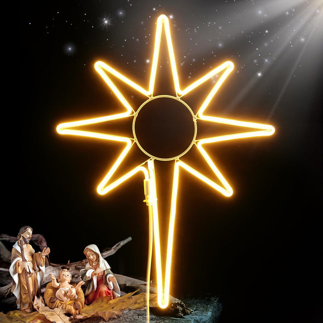 Enhon 24 Inch Large Star of Bethlehem Outdoor Light, 300 LED Outdoor Christmas Star Neon Lights Decorations with Auto Timing Function for Christmas Outdoor Nativity Scene Yard Porch, Warm White