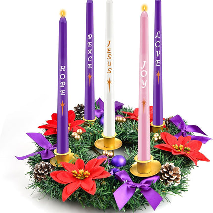 12 Inch Christmas Advent Wreath 5 Candle Holder with Metal Candle Cups for Taper Candles Fire Retardant Centerpiece Decorations for Table Indoor Home Church(No Candles)