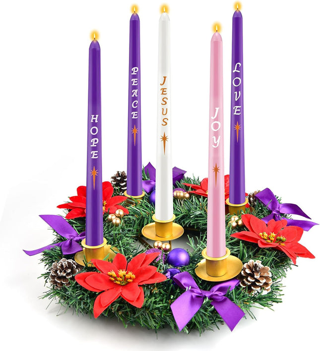 12 Inch Christmas Advent Wreath 5 Candle Holder with Metal Candle Cups for Taper Candles Fire Retardant Centerpiece Decorations for Table Indoor Home Church(No Candles)