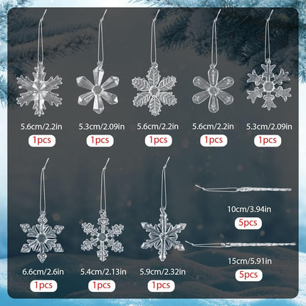 Snowflake Ornaments for Tree Decorations - 18Pcs Clear Glass Snowflake and Icicle Ornaments Set for Christmas Tree Winter Year Party Decor Supplies