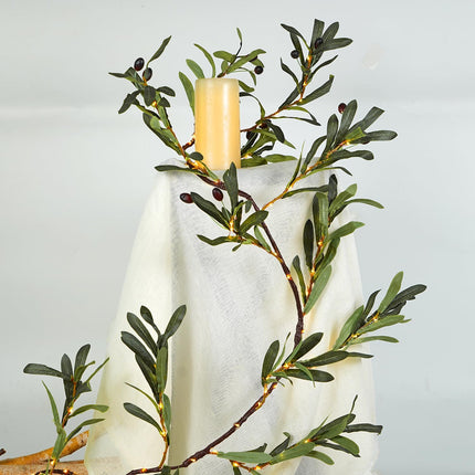 BOHON Greenery Garland Lighted Olive Branches 6FT 96 LEDs Fairy Lights Battery Operated with Timer, Artificial Olive Green Vine with Lights, Mantel Decorations for Fireplace Wall Tree Christmas Decor
