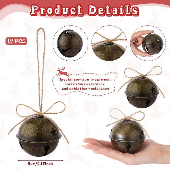 12 Pieces Large Size Christmas Bells 3.15 Inch Jumbo Bells Sleigh Bells Star Cutout Bells Ornaments with Ribbon for Christmas Tree Wreath Decorations (Brass)
