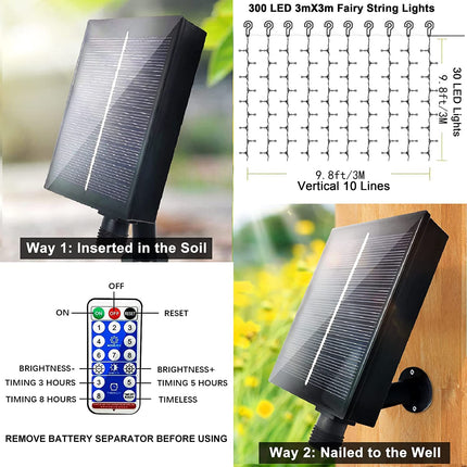 d Solar Curtain Lights Remote Control, Outdoor Garden Lights 300 LED 8 Modes Waterproof Solar Waterfall Fairy String Lights Decoration for Christmas Patio Garden Party Wedding (Cool White)