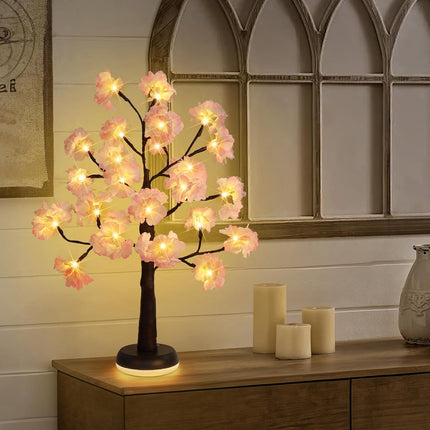 Lighted Cherry Blossom Tree, 23 in Artificial Cherry Blossom Tree with LED Lights, Battery and USB-C Powered Tree Lamp, Fairy Night Light for Bedside, Wedding, Living Room, Home Decor Indoor
