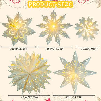 5 Pack Christmas Paper Snowflake Lanterns, Christmas Paper Star Lantern with LED Light White Hanging Lamp Ornaments for Xmas Tree Year Winter Frozen Weddings Birthday Holiday Party Decorations