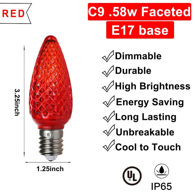 Vibrant Red LED Bulbs - Pack of 25 Dimmable UL Listed IP65 C9 Replacement Bulbs for Outdoor Christmas Decorations