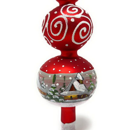 Christmas Tree Topper Spitz Glass Blown, Hand-Decorated White Embellishments (12 Inch, Red Matt)