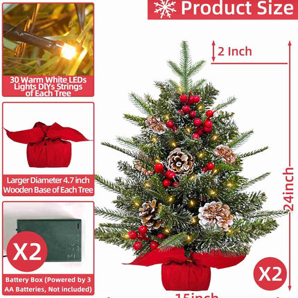 2 Pack 24 Inch Small Christmas Tree with Lights Frosted Thick PE PVC Realistic-Feel Cedar Norfolk Pine Artificial Mini Tabletop Christmas Trees Berries Pinecone Timer Christmas Decoration Indoor Home