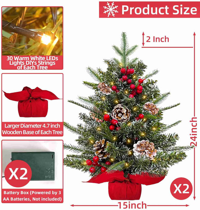 2 Pack 24 Inch Small Christmas Tree with Lights Frosted Thick PE PVC Realistic-Feel Cedar Norfolk Pine Artificial Mini Tabletop Christmas Trees Berries Pinecone Timer Christmas Decoration Indoor Home