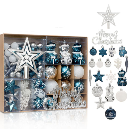 GAOMON 70ct Christmas Ball Ornaments Set, 68 Pcs Shatterproof Blue & Silver Tree Hanging Ornaments and Merry Christmas Sign & Top Tree Toppers, Xmas Indoor Outdoor Party Home Decor