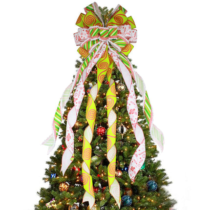 Christmas Tree Topper Bow, 44X13 Inch Artificial Xmas Tree Topper Decor, Red Green Bow for Christmas Tree Home Wedding Indoor Outdoor Party Decor