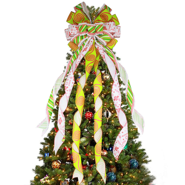 Christmas Tree Topper Bow, 44X13 Inch Artificial Xmas Tree Topper Decor, Red Green Bow for Christmas Tree Home Wedding Indoor Outdoor Party Decor