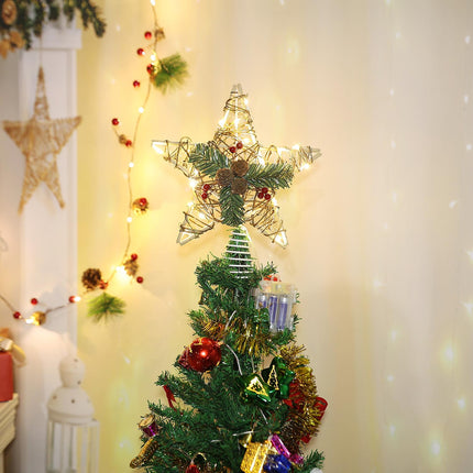 Rattan Christmas Star Tree Topper, 11.8" Natural Pinecone Christmas Tree Topper with 20 LED Lights Star, Tree Toppers Christmas Decorations for Christmas Tree Indoor Rattan Natural Xmas Decorations