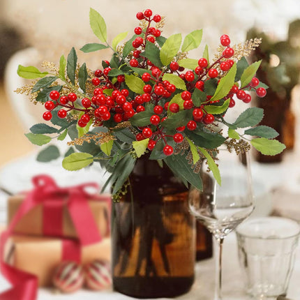 8 Pcs Christmas Sprigs Red Berry Picks with Gold Glitter Pine Branch 9.8" Faux Fake Holly Berries Stems for Tree DIY Craft Garland Home Decor