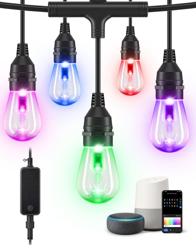 EDISHINE Outdoor Smart String Lights, 48ft Christmas Color Changing Light with 18 RGBW LED Bulbs, APP & Voice Control, Waterproof WiFi Patio Lights for Backyard, Party, Halloween, Holiday Decor
