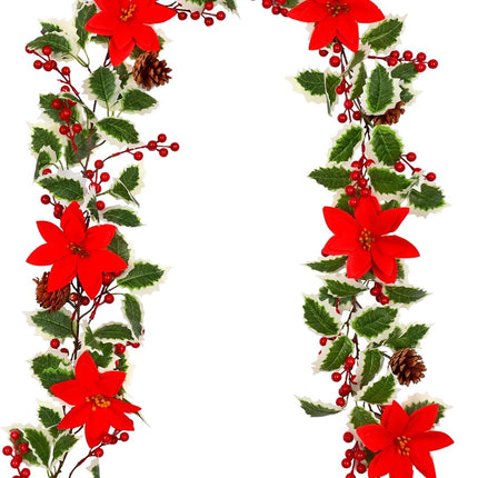 BLEUM CADE Christmas Decorations Garland - 6.3Ft Artificial Christmas Garland for Mantle, Holly Red Berry Garland with Poinsettia and Pine Cones for Xmas Tree Fireplace Indoor Outdoor Home Decor
