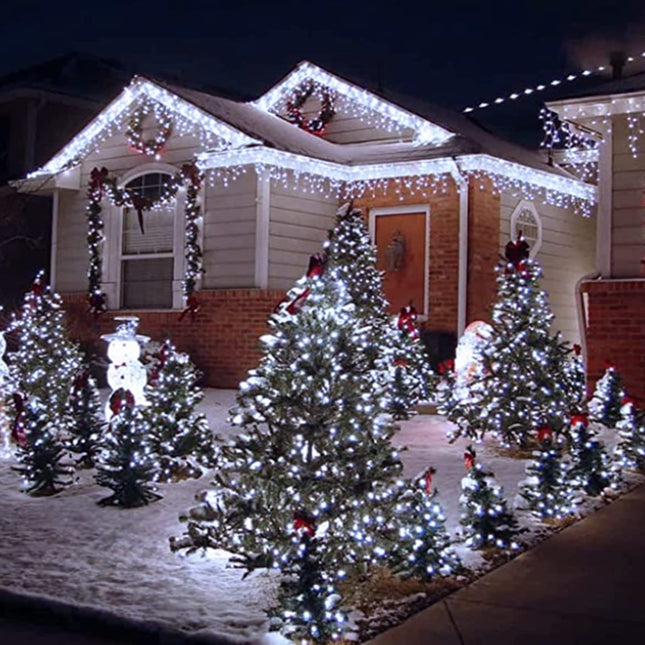 d Solar Christmas Icicle Lights,304 LED Outdoor Christmas Decorations 8 Modes Waterproof Solar Icicle Lights for Patio Yard Garden Wedding Party House Xmas Tree Roof Decorations(Cool White)