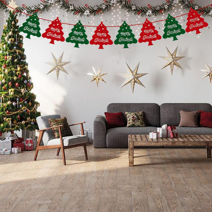 Christmas Decorations Red and Green Felt Christmas Tree Banner Garland, 8pcs Xmas Tree with Merry Christmas for Indoor Holiday Wall Window Door Decoration