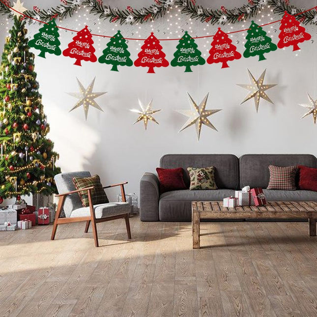 Christmas Decorations Red and Green Felt Christmas Tree Banner Garland, 8pcs Xmas Tree with Merry Christmas for Indoor Holiday Wall Window Door Decoration
