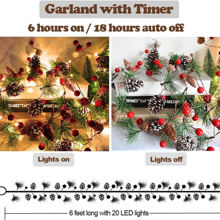 Garland with Lights Christmas Pine Garlands 13 Feet 40 LED Battery Operated Garland with Red Berry and Led Lights Xmas Tree Garland Berry Lights Holiday Light for Home Windows Fireplace Stairs
