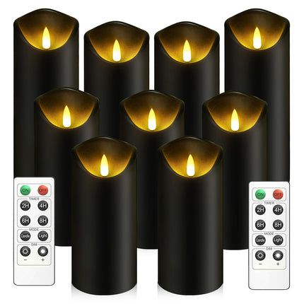 Flickering Flameless Candles, Battery Operated Acrylic LED Pillar Candles with Remote Control and Timer, Set of 9 (Black)