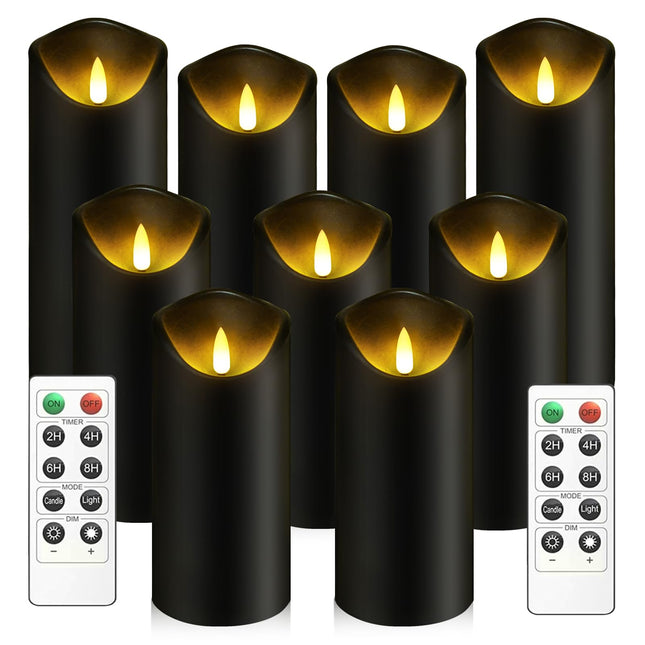 Flickering Flameless Candles, Battery Operated Acrylic LED Pillar Candles with Remote Control and Timer, Set of 9 (Black)