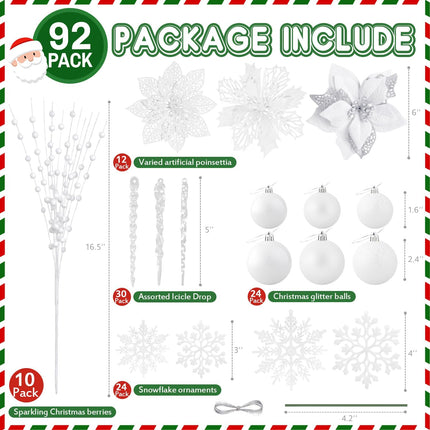 ‎LHMTQVK 92PCS Christmas Decorations, Christmas Tree Ornaments, Christmas Balls, Snowflake Decor, Hanging Clear Acrylic Crystal, Artificial Christmas Flowers, Glitter Berry Stems (White)