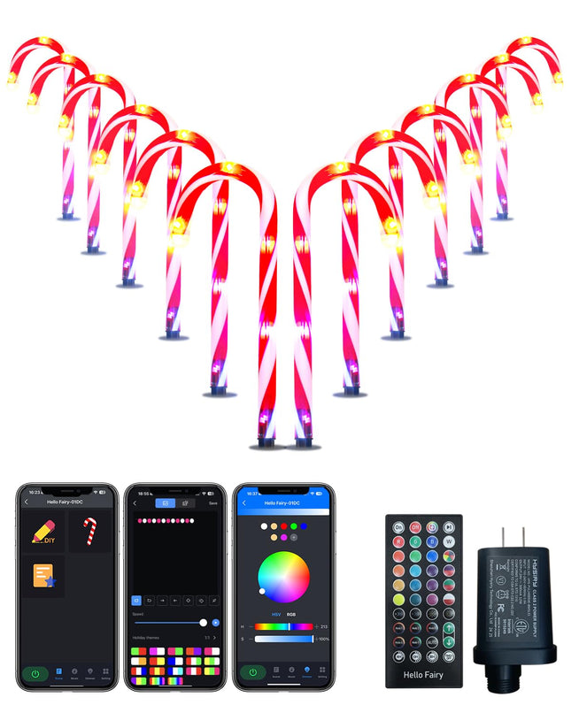 12 Pcs Christmas Candy Cane Lights with App Control & Remote,Outdoor Candy Cane Decorations with RGB Lights,Dimming,Timer DIY,Waterproof,Color Changing Christmas Pathway Lights for Holiday,Halloween